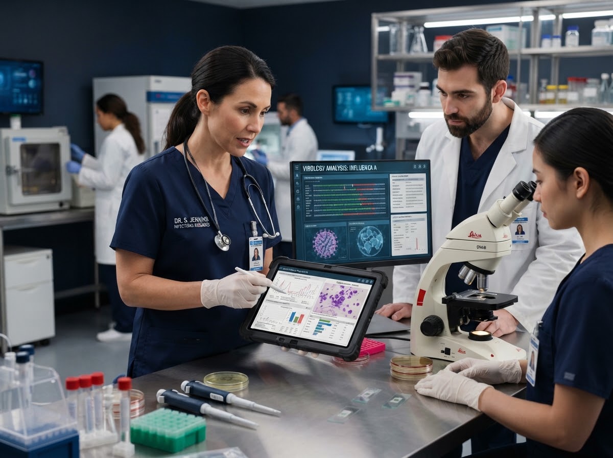 A medical team reviewing diagnostic information together in a laboratory